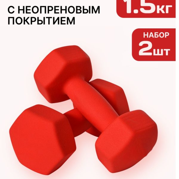 Гантели 1.5 кг с неопреновым покрытием чугунные неразборные, комплект из 2 гантелей
