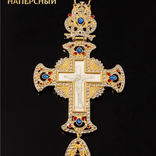 Крест наперсный 19.2 х 8.7 см с финифтевым рисунком, красными и синими камнями, цепочка 120 см в комплекте